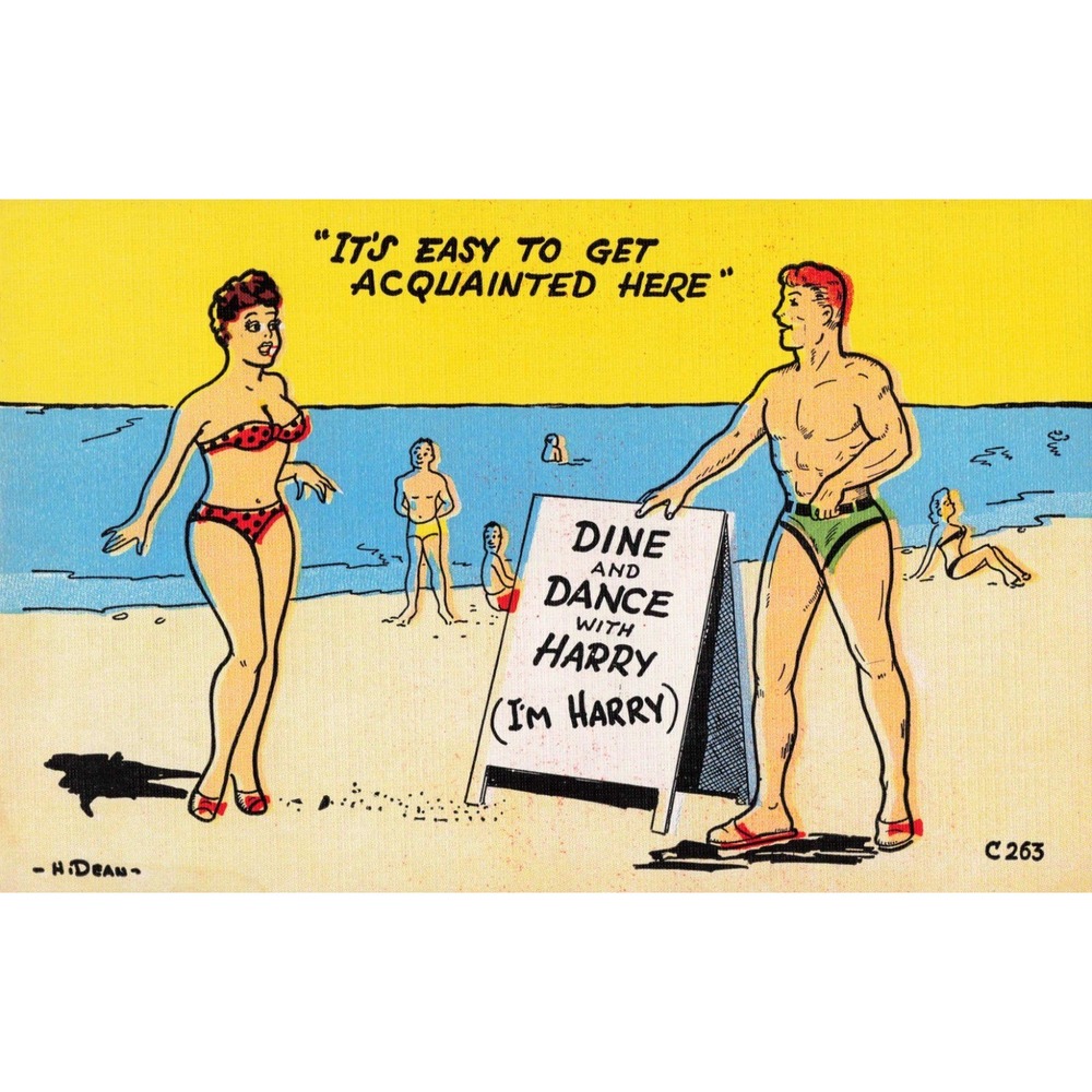 Dine And Dance With Harry Comic Beach Humor Linen Postcard H Dean C263